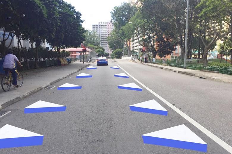 An artist's impression of the new three-dimensional road markings that will go on trial at the end of the month at the Whampoa Drive Silver Zone. The 3D images make the road look narrower and encourage drivers to slow down, said the Land Transport Au
