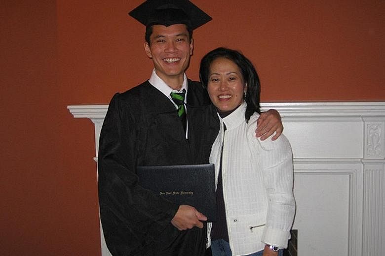 Clockwise from above left: Mr Liu, pictured with his mother, eventually graduated with a double degree from San Jose State University in California in 2007, after crashing his Nissan Altima into a power pole on Dec 21, 2005. Even today, he still make