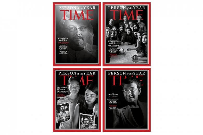 Time published four magazine covers to spotlight the different persecuted honourees: (Clockwise from top left) murdered Saudi journalist Jamal Khashoggi; the staff of the Capital Gazette in Annapolis, Maryland, where a gunman killed five people in Ju