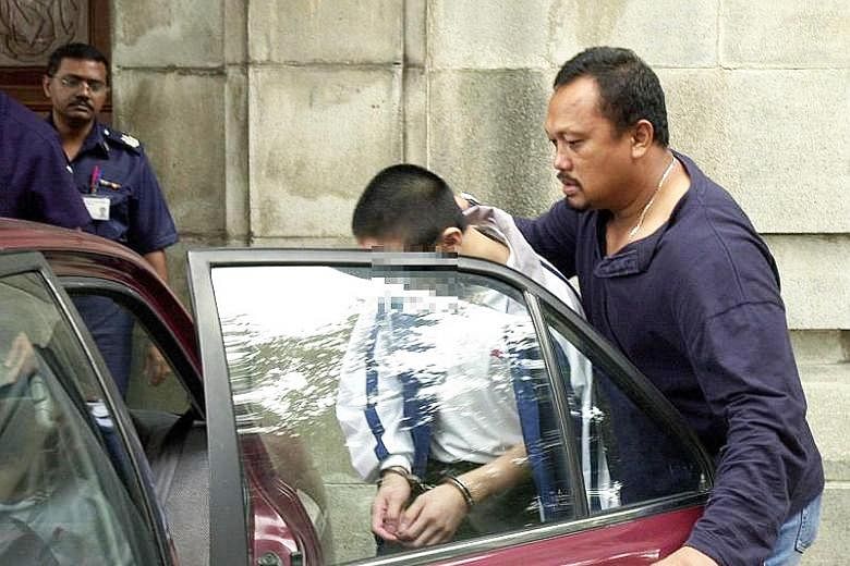 Left: The then 15-year-old, who killed Ms Annie Leong at the behest of her estranged husband Anthony Ler (above), leaving the High Court in November 2001. Below: Ler at Ms Leong's wake. He was hanged in December 2002 for abetment of murder.