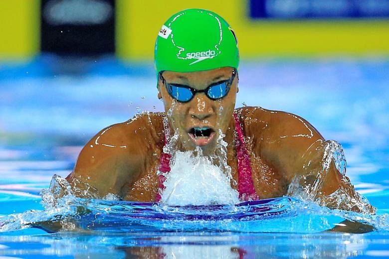 Alia Atkinson of Jamaica on her way to the 50m breaststroke gold in Hangzhou last night. It was her first 50m title at the short course World Swimming Championships after three silvers.