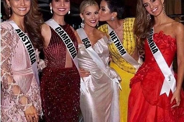 Miss USA Sarah Rose Summers in Bangkok with (from left) Miss Australia Francesca Hung, Miss Cambodia Nat Rern, Miss Vietnam H'Hen Nie and Miss Colombia Valeria Morales.