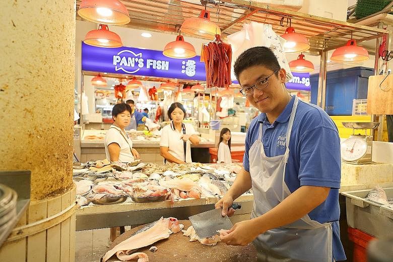 Mr Anthony Leow's spice mix brand now has social media accounts and an e-commerce site. It also uses QR codes on its packaging to give customers access to video tutorials on how to use the spice mixes. Mr Khor Chin Puang, owner of Pan's Fish at Tiong