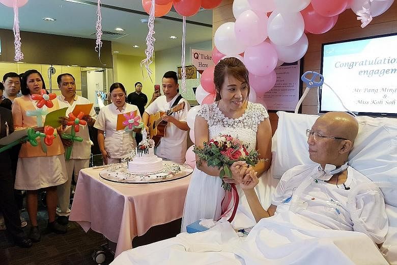 Mr Pang Ming Kwong had proposed to Ms Koh Soh Kuan from his hospital bed last month, and the ward nurses pitched in to make the engagement ceremony yesterday a memorable event.