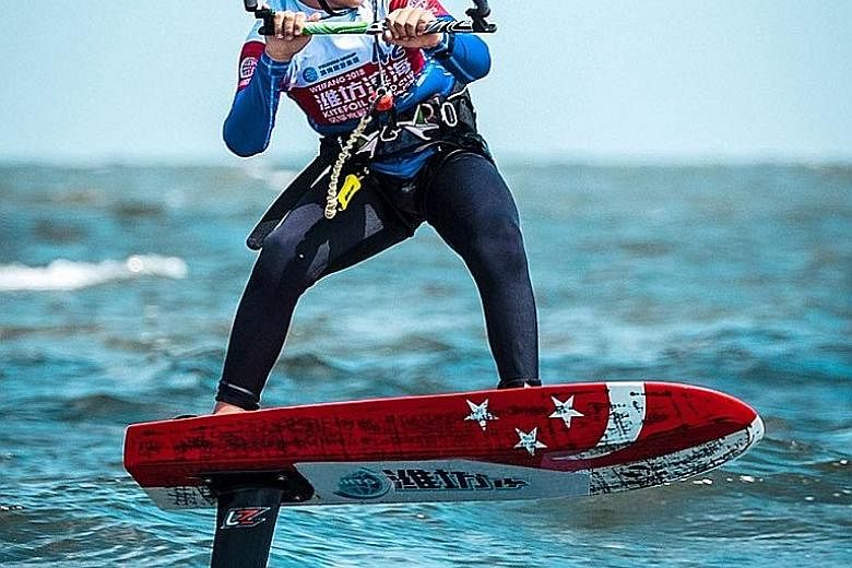Singaporean kiteboarder Maximilian Maeder, 12, competing at the KiteFoil GoldCup World Series held in Weifang, China from Aug 31 to Sept 5. Kiteboarding is slated to be included at the 2024 Paris Olympics.
