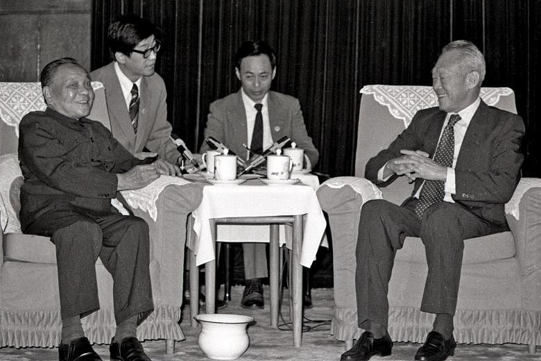 Then Prime Minister Lee Kuan Yew with Chinese paramount leader Deng Xiaoping in Beijing in 1985.