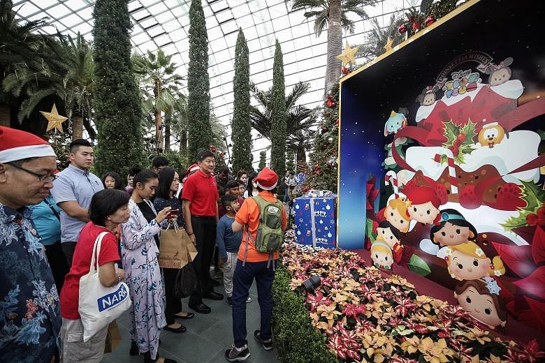 It's a dome full of flora and festive cheer. Amid the colourful Christmas decorations and displays, National Trades Union Congress secretary-general Ng Chee Meng (in red shirt) spent yesterday morning with 350 less affluent union members and their fa