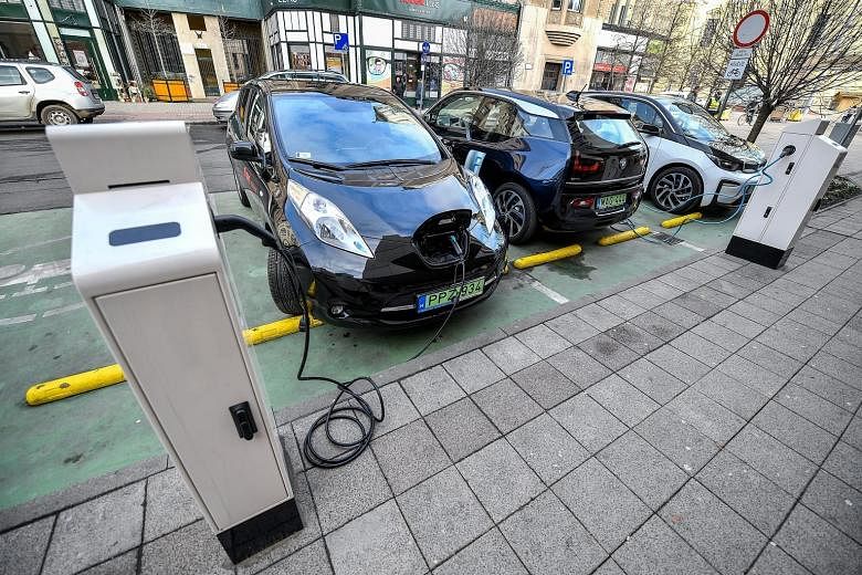 Electric cars being charged shortly after they were inaugurated in Debrecen, 230km east of Budapest.
