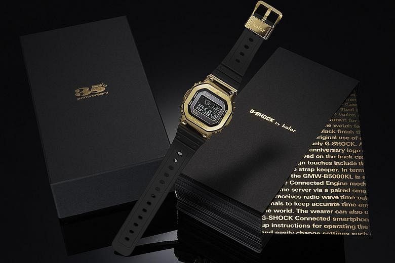 The special-edition GMW-B5000KL watch (above) commemorates the 35th anniversary of the popular Casio G-Shock. The F-91W (left) was the first watch designed by Mr Ryusuke Moriai (far left), the chief designer of the G-Shock.