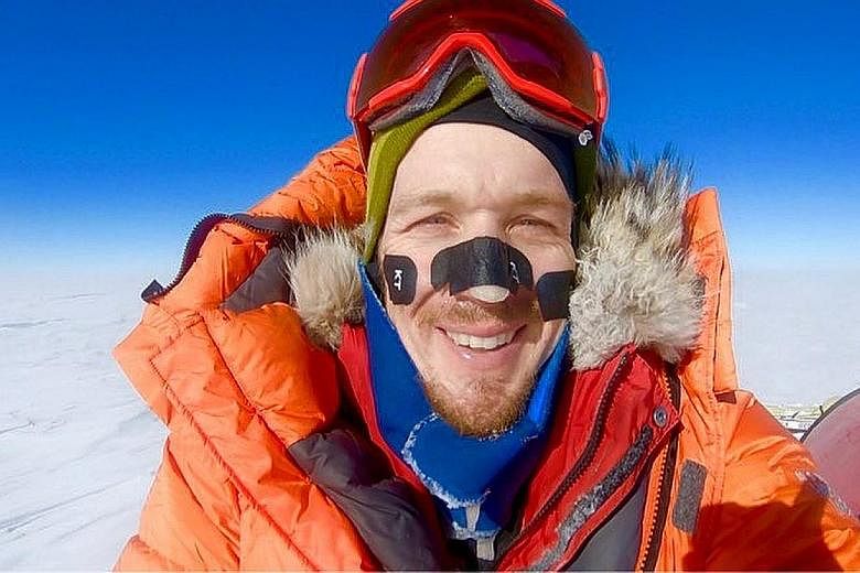 US adventurer Colin O'Brady (above) arrived at the finishing point on the Ross Ice Shelf on the Pacific Ocean on Wednesday after covering a total of 1,480km. The 33-year-old had set off on cross-country skis on Nov 3, hauling supplies on a sled (righ