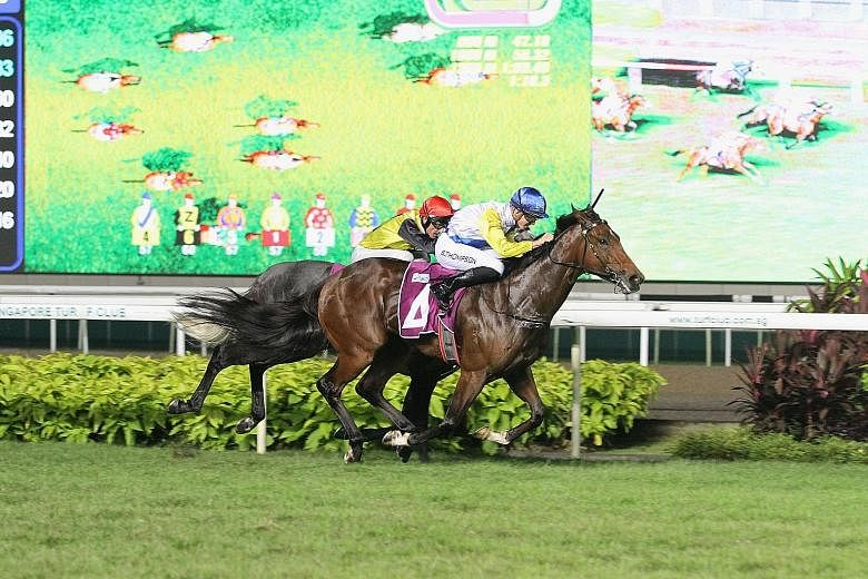 Singapore-bound Australian youngster Ben Thompson steering Mister Yeoh (No. 4) to victory in the $500,000 Group 2 EW Barker Trophy over 1,400m at Kranji on Nov 9. The 21-year-old began his riding career in May 2014.