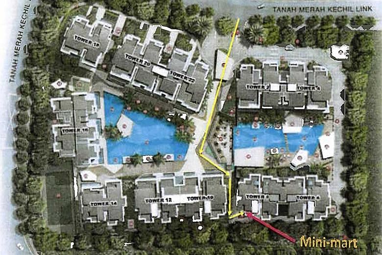 A visitor had to pass by residential blocks and two swimming pools in the common areas of Urban Vista condo to get to the minimart, which was located at the far end from the entrance to the property.
