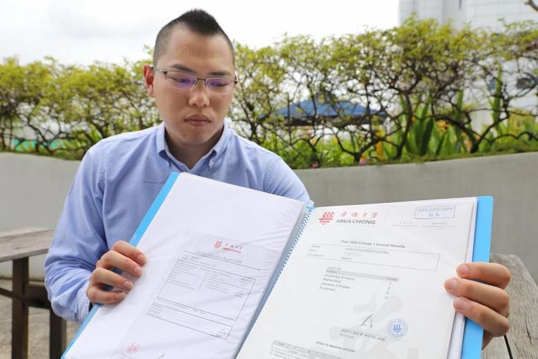 Mr Edwin Chaw with school certificates showing the contrast in his Secondary 4 and Junior College 1 grades. The IP student scored mostly As in Sec 4, but problems at home and bouts of anxiety affected his performance in JC1 and his grades plunged to 