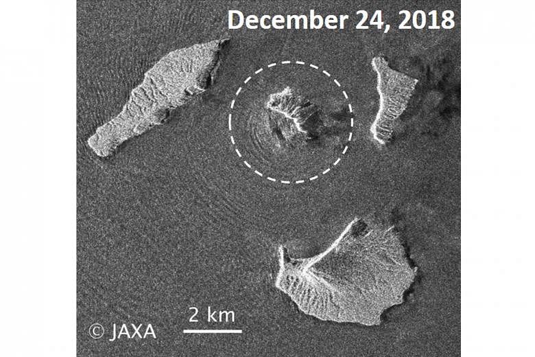 The Anak Krakatau volcano before and after the Dec 22 and subsequent eruptions, seen from Japan Aerospace Exploration Agency satellite photos. The volcano is now about 20 to 25 per cent of its original size, says Indonesia's national geological agenc