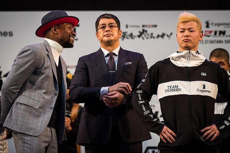 Floyd Mayweather takes on Tenshin Nasukawa (right) today in a three-round exhibition, which the American said he could do "in his sleep". The bout will not count on the official record of either athlete.