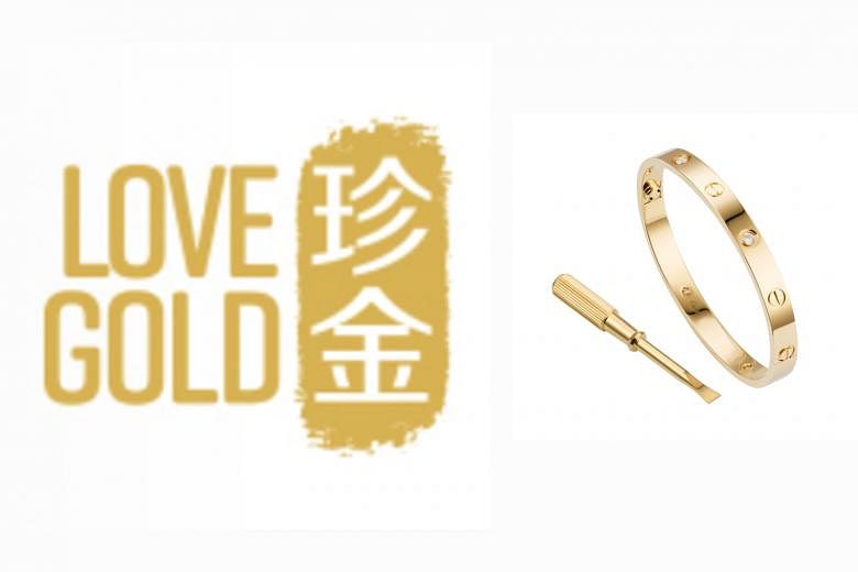 MoneyMax has been cleared to register its "Love Gold" mark (left). Cartier's "love" bracelet (right) is secured by using a screwhead device. Principal assistant registrar Mark Lim noted the distinctiveness in Cartier's use of the word "love" was in t