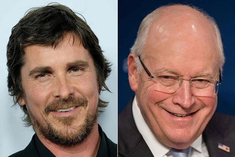 Actor Christian Bale (top right) transformed into Dick Cheney (above) with a weight gain of 18kg together with make-up and prosthetics in the new movie Vice, and a file picture of the former US Vice-President (right).