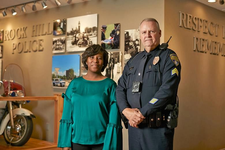 Telecommunications operator Courtney Davis and police officer Bruce Haire of Rock Hill, South Carolina. Facebook called Ms Davis about a man who was live-streaming a suicide attempt, helping Sergeant Haire find him. Some critics warn that Facebook is
