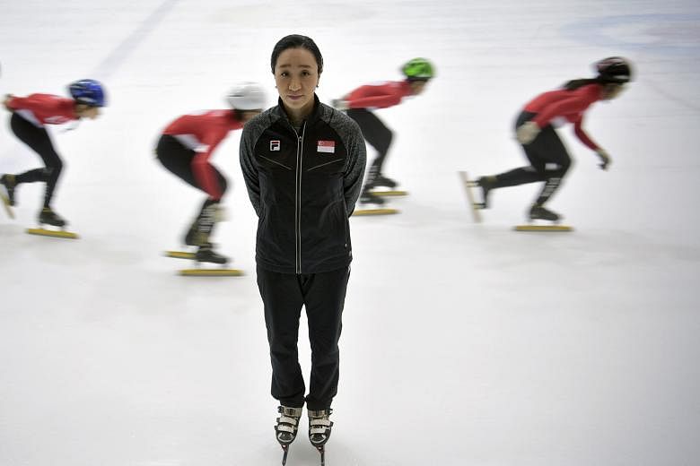 Former national short-track speed skating coach Chun Lee-kyung with her charges in The Rink at JCube in March 2017. She did not renew her contract after a three-year stint as she could not come to an agreement with the association on various matters.