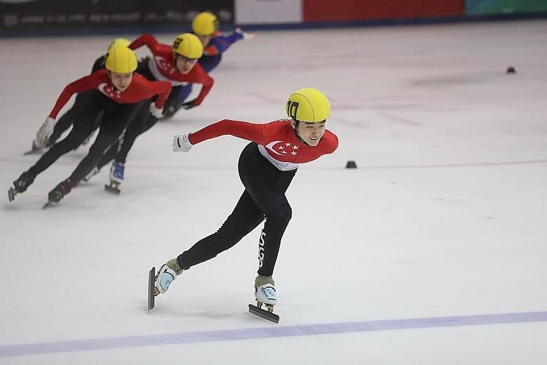 Trevor Tan en route to winning the Junior B Men's 1,000m at the SEA Open Short Track Trophy yesterday. Besides looking to qualify for the 2022 Winter Olympics, Trevor has also set his sights on doing well at the SEA Games in the Philippines at the en