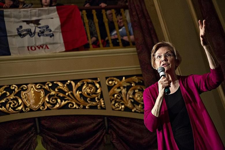Senator Elizabeth Warren speaking at an event last Saturday in Sioux City, Iowa. During her visit to the state, she spoke out against income inequality, among other things.
