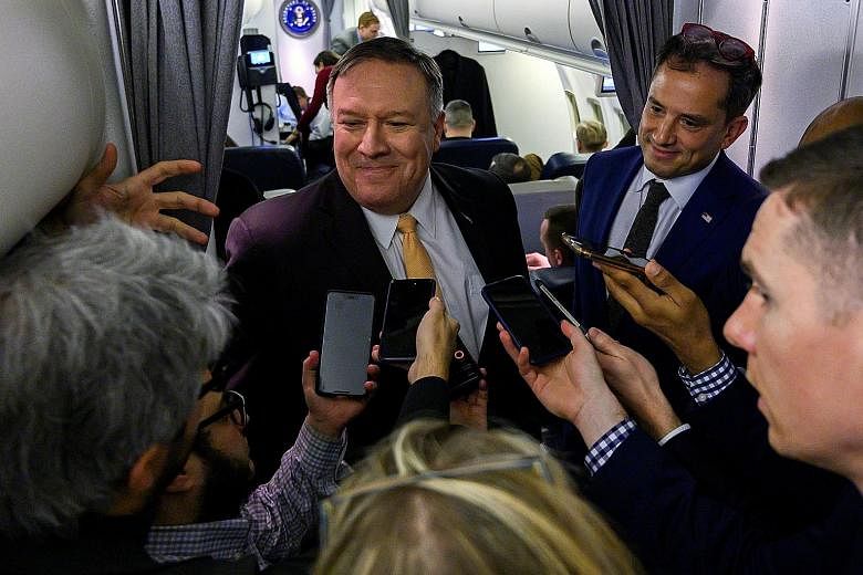 Mr Mike Pompeo talking to journalists during the flight to the Middle East on Monday. He said that "the counter-ISIS campaign continues... the counter-Iran campaign absolutely continues".