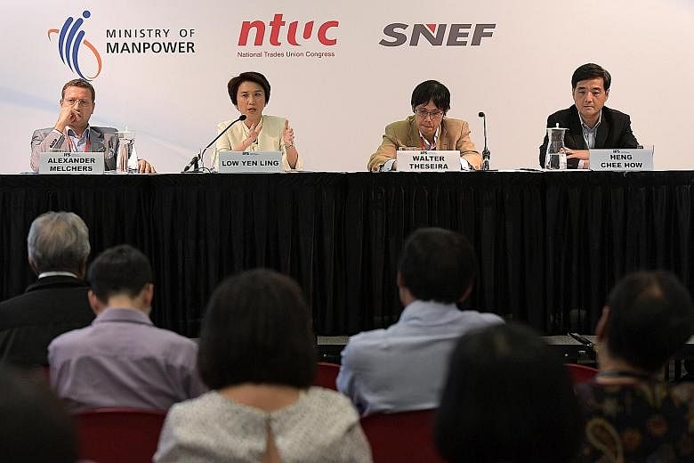 (From far left) Speaking at a dialogue session at the forum yesterday were Singapore National Employers Federation vice-president Alexander Melchers, Senior Parliamentary Secretary for Manpower Low Yen Ling, Nominated MP Walter Theseira, who chaired 