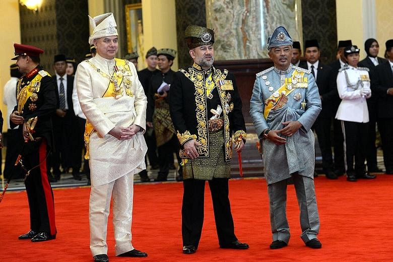 (From left) Sultan Nazrin Shah of Perak, who is currently Deputy King; Sultan Muhammad V of Kelantan, who stepped down as Malaysia's king; and Tengku Abdullah Sultan Ahmad Shah, the Regent of Pahang, at the 2017 installation ceremony for the former k