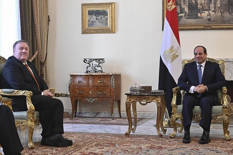 US Secretary of State Mike Pompeo (far left) meeting Egyptian President Abdel Fattah al-Sisi in Cairo yesterday. Mr Pompeo's Middle East tour is aimed at urging regional allies to continue to confront the threats posed by Iran and Islamic militants.