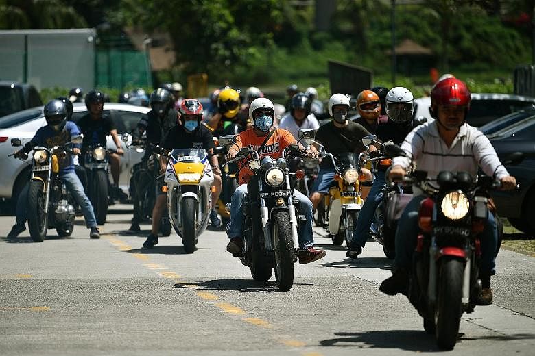 A group of 60 motorcyclists getting ready to begin their ride from a carpark at Orto, a leisure park near Sembawang, to the Wicked Wallop IV bike show in Kranji. The convoy consists largely of older motorcycles registered before July 1, 2003, which a