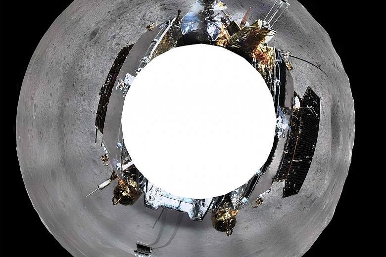This photo shows the panoramic image made by China's Chang'e-4 lunar probe on the far side of the moon.