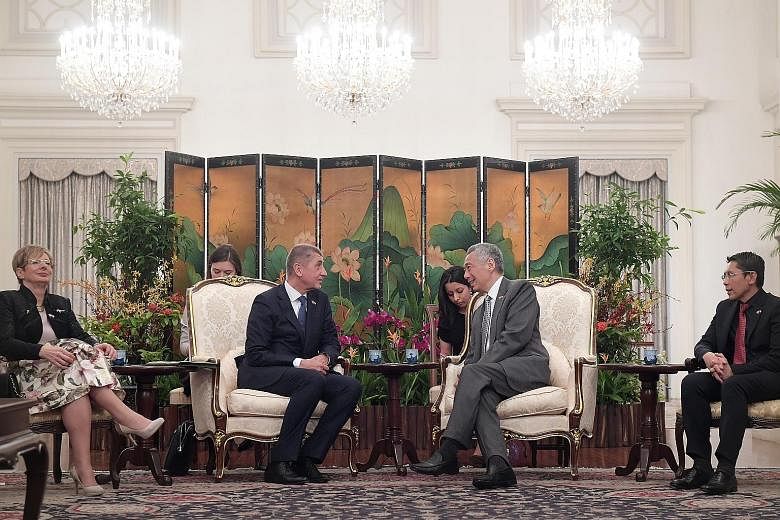 Prime Minister Lee Hsien Loong meeting Czech Republic Prime Minister Andrej Babis at the Istana yesterday. They discussed growing collaborations between the two countries, and areas to enhance the relationship, including trade, technology and researc