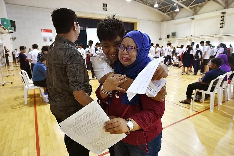 Norman Adli Ramli, 16, hugging his mother, Madam Norlizah Abdul Kahar, 40, a bank officer, after he received his O-level results at Serangoon Garden Secondary School yesterday. He did well enough to qualify for junior college. Students who sat last y