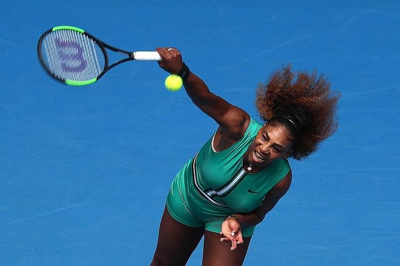 Serena Williams serving to Tatjana Maria during her first-round victory at the Australian Open. The American caught the eye with her bright green outfit, as well as her swift dispatching of her 31-year-old German opponent in straight sets 6-0, 6-2.