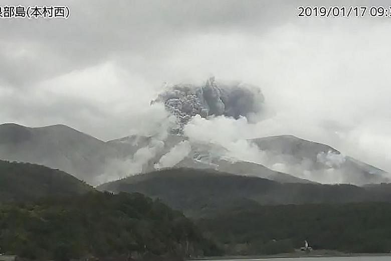 An image from the Japan Meteorological Agency's live webcam showing an eruption on Kuchinoerabu Island in Kagoshima prefecture. A local official said there were no evacuations on the island, which is home to just 109 people.