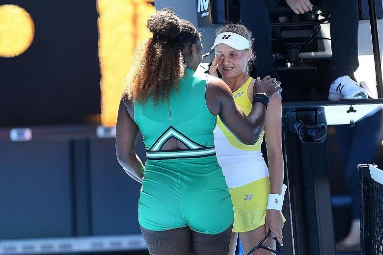 Serena Williams consoling Dayana Yastremska after beating the Ukrainian 6-2, 6-1 in the third round yesterday. Williams will meet world No. 1 Simona Halep for the ninth time tomorrow.