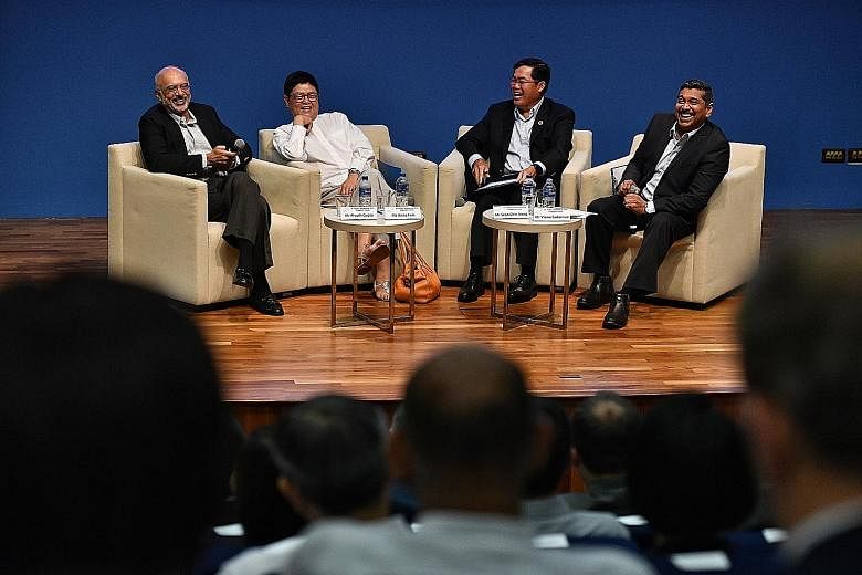 Temasek CEO Ho Ching, who gave the keynote address, urged businesses to take urgent action to combat climate change and its impact. (From left) DBS Group CEO Piyush Gupta, National Council of Social Service president Anita Fam, Singapore Pools CEO Se