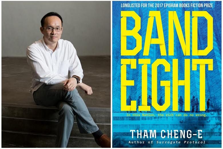 Band Eight (right) by Tham Cheng-E (left) is set in an unknown nation, but Singaporean readers will find the environment and its details familiar. 