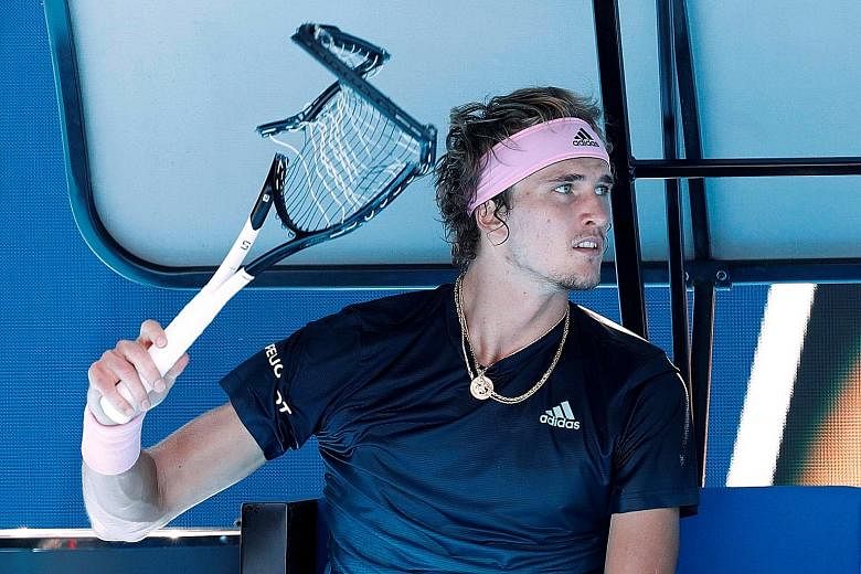 Canada's Milos Raonic is ecstatic as he celebrates his fourth-round victory over German fourth seed Alexander Zverev (below), who vented his frustration on his racket after failing to make the last eight of a Grand Slam for the 14th time in 15 appear