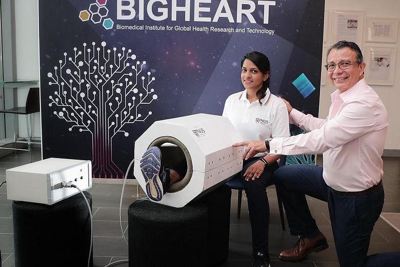 Research assistant Sharanya Ramanan showing how MRegen works, with Associate Professor Alfredo Franco-Obregon. The machine's prototype resembles a miniature MRI scanner that is large enough for a person to insert one leg.