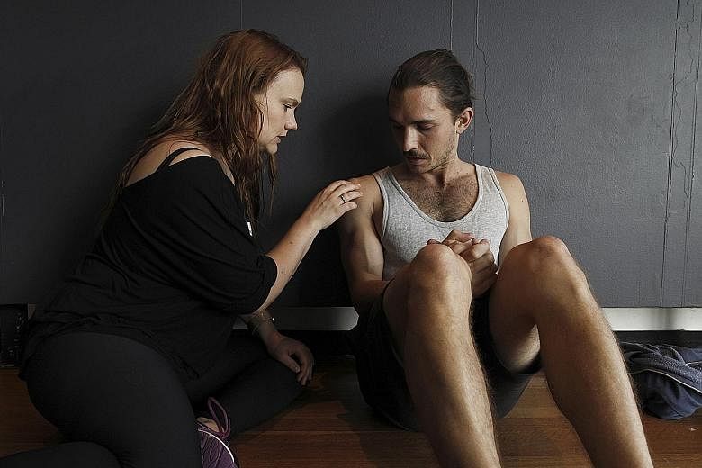 Actors Erica Lovell and Ross Walker during an exercise in a workshop led by "intimacy coordinator" Ita O'Brien in Sydney, Australia.