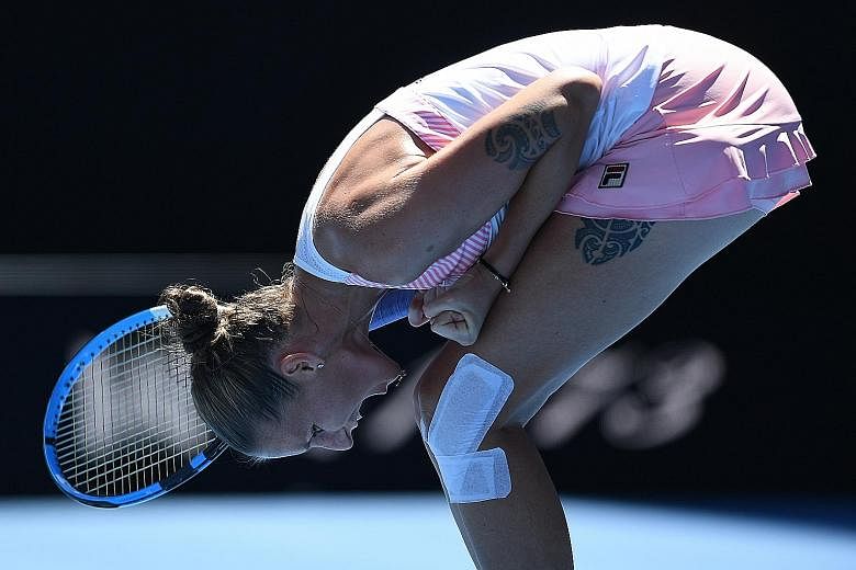 Determined not to suffer the pain of defeat, Karolina Pliskova (left) battled from 5-1 down in the third set to beat Serena Williams 6-4, 4-6, 7-5 in the Australian Open quarter-finals yesterday.