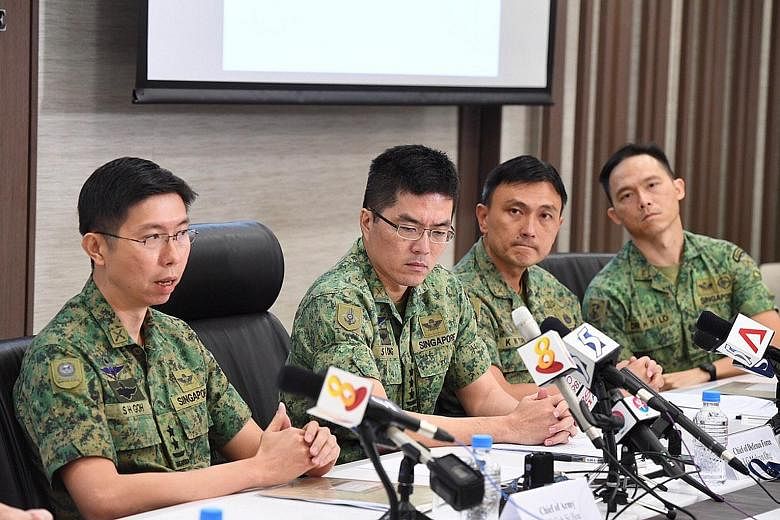 From left: Chief of Army Goh Si Hou, Chief of Defence Force Melvyn Ong, Commander CSSCOM (Combat Service Support Command) Terry Tan and Chief Army Medical Officer Edward Lo Hong Yee at a media conference yesterday on the death of Corporal First Class