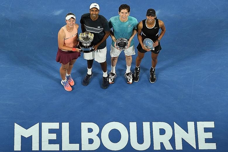 From left: Mixed doubles champions Barbora Krejcikova and Rajeev Ram posing with runners-up John-Patrick Smith and Astra Sharma after winning the final 7-6 (7-3), 6-1 yesterday.