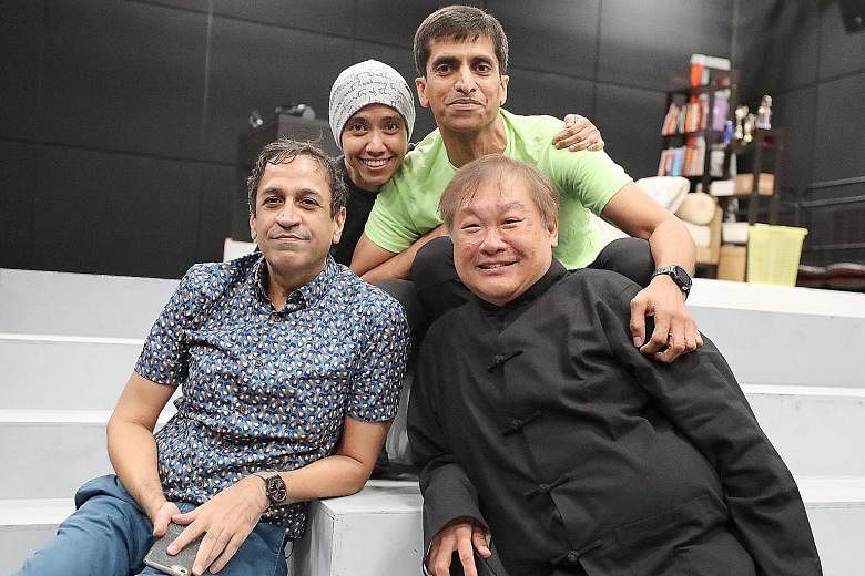 Written by playwright Haresh Sharma and directed by Alvin Tan (both foreground), Off Centre will star Sakinah Dollah and Abdulattif Abdullah (both background), who married each other after the 1993 production.