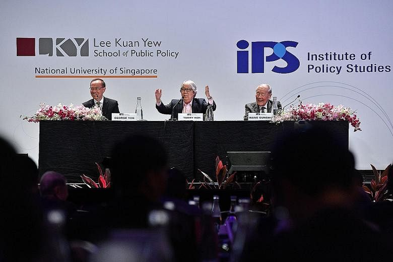 (From left) Former foreign minister George Yeo, Ambassador-at-large Tommy Koh and historian Wang Gungwu at a panel discussion at the Singapore Perspectives 2019 conference yesterday. They talked about Singapore's place in the world, focusing on the U