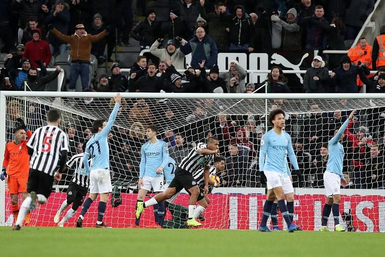 Salomon Rondon wheeling away after equalising for Newcastle against Manchester City in their Premier League game at St James' Park on Tuesday. Matt Ritchie's penalty gave the Magpies a shock win over the champions.