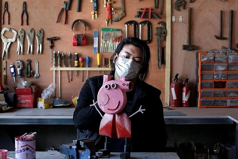Mr Geng Shuai, dubbed "China's Useless Edison" by fans, with (clockwise, from left) a sculpture depicting animated series character Peppa Pig, made of an air blower; a cell phone case in the shape of a knife; and a stainless steel handbag in the shap