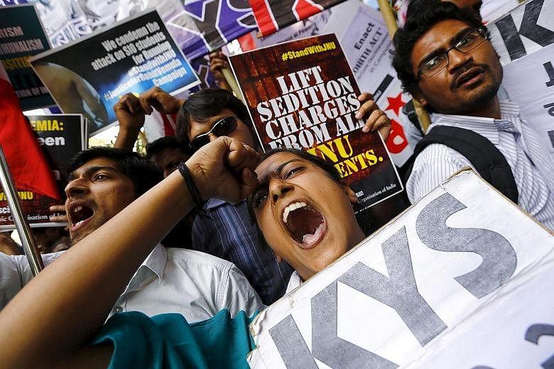 Demonstrators in New Delhi in March 2016 demanding the release of a Jawaharlal Nehru University student union leader accused of sedition. A total of 179 people were arrested on sedition charges between 2014 and 2016.