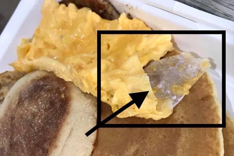 Right: Facebook user Espen Tian Bao found a piece of paper in his McDonald's meal yesterday. Far right: Facebook user CK Ng Chung Keat said he found a piece of plastic in his Filet-O-Fish on Wednesday.